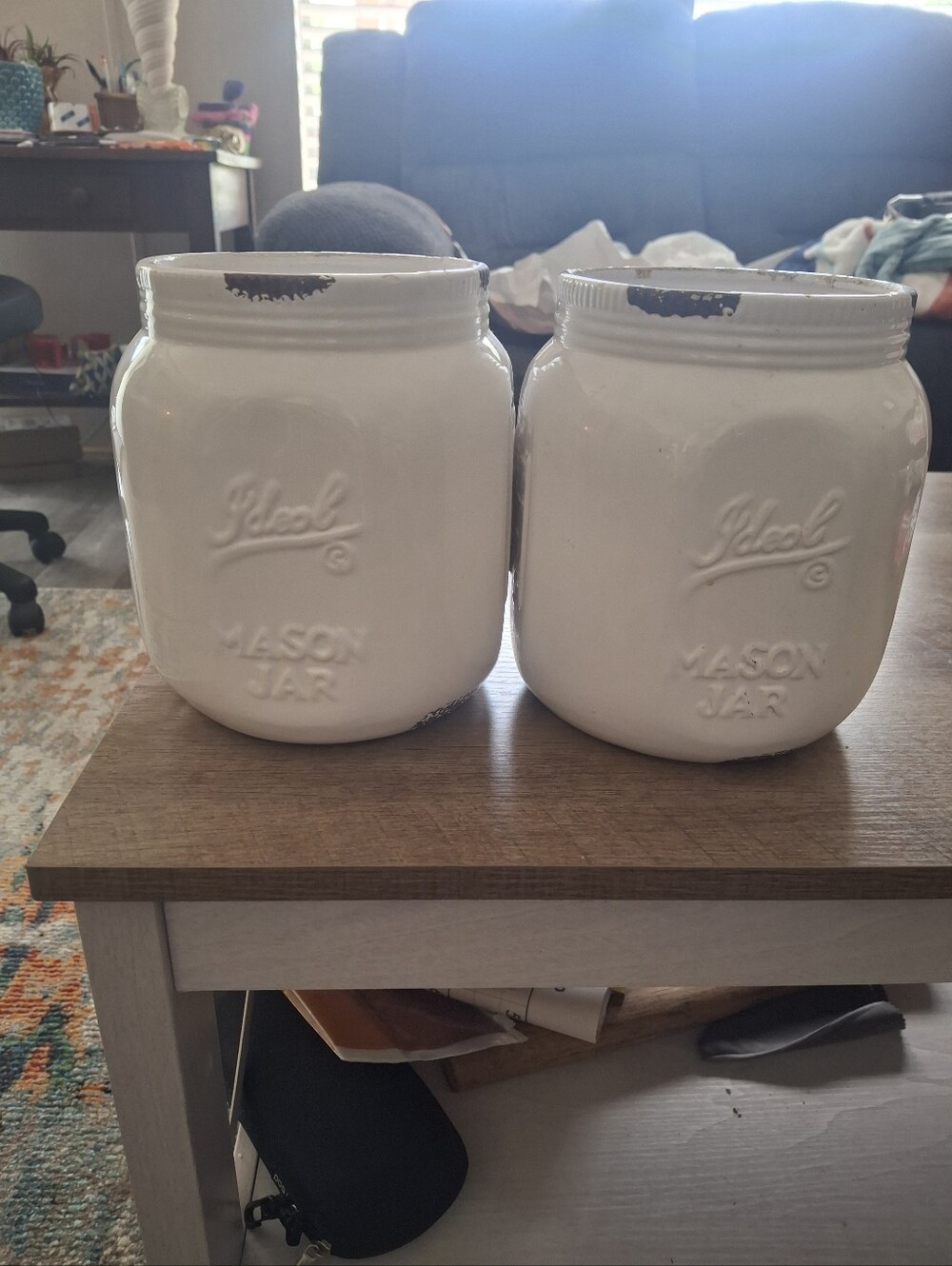 White Ceramic Mason Jar Set - Pair